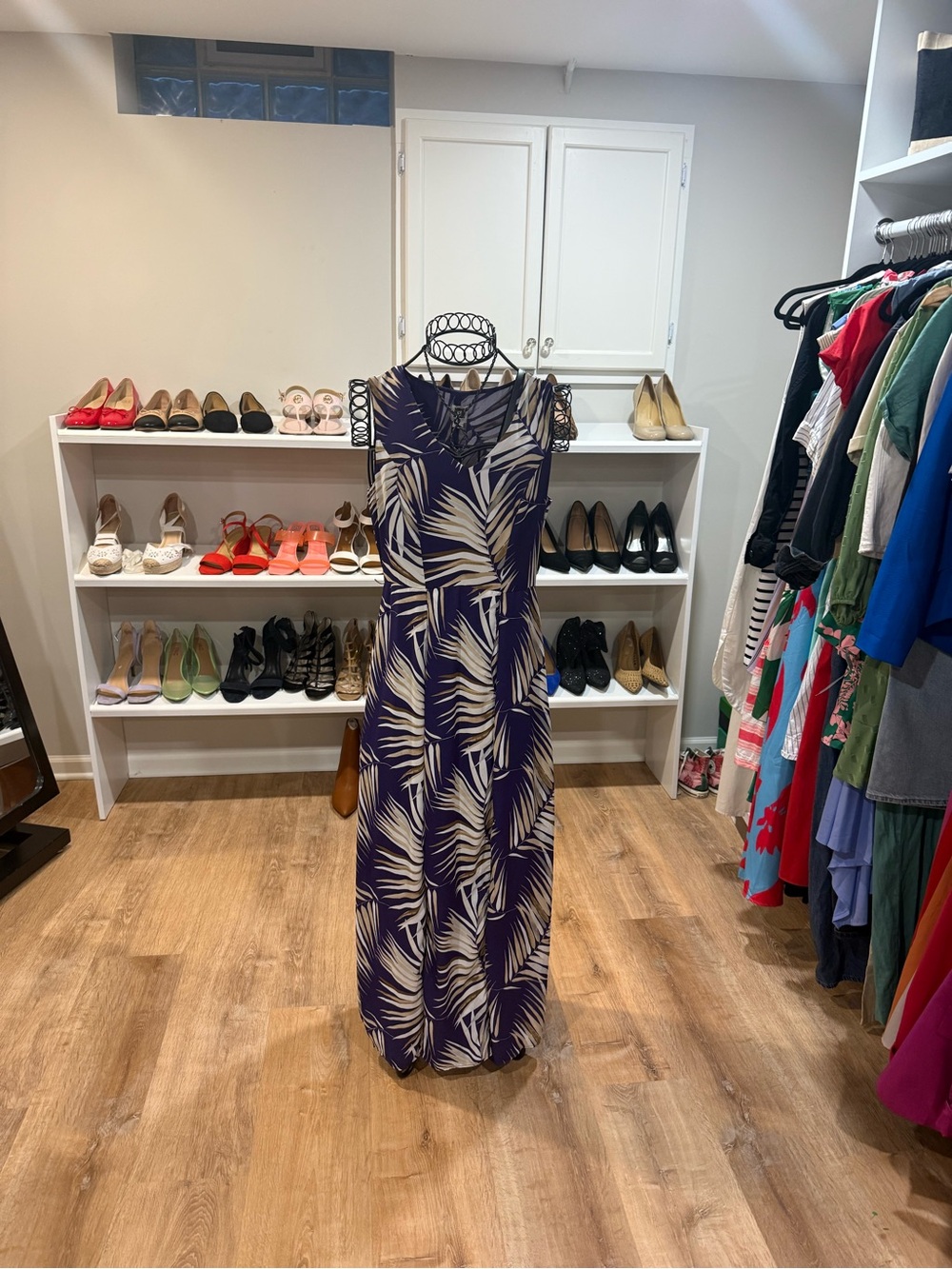 Anne Klein Purple and Cream Palm Print Maxi Dress